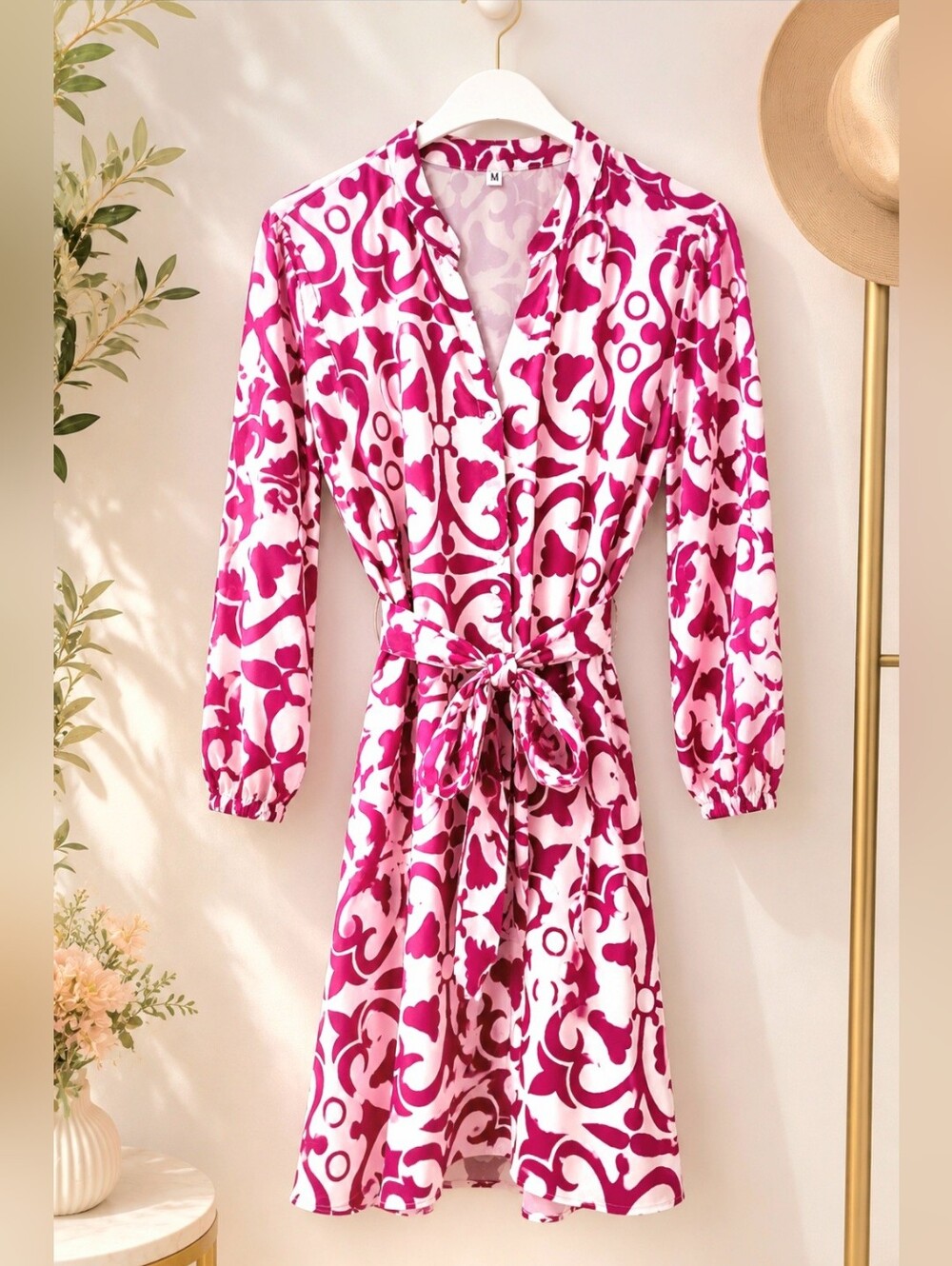 Pink & White Printed Belted Dress